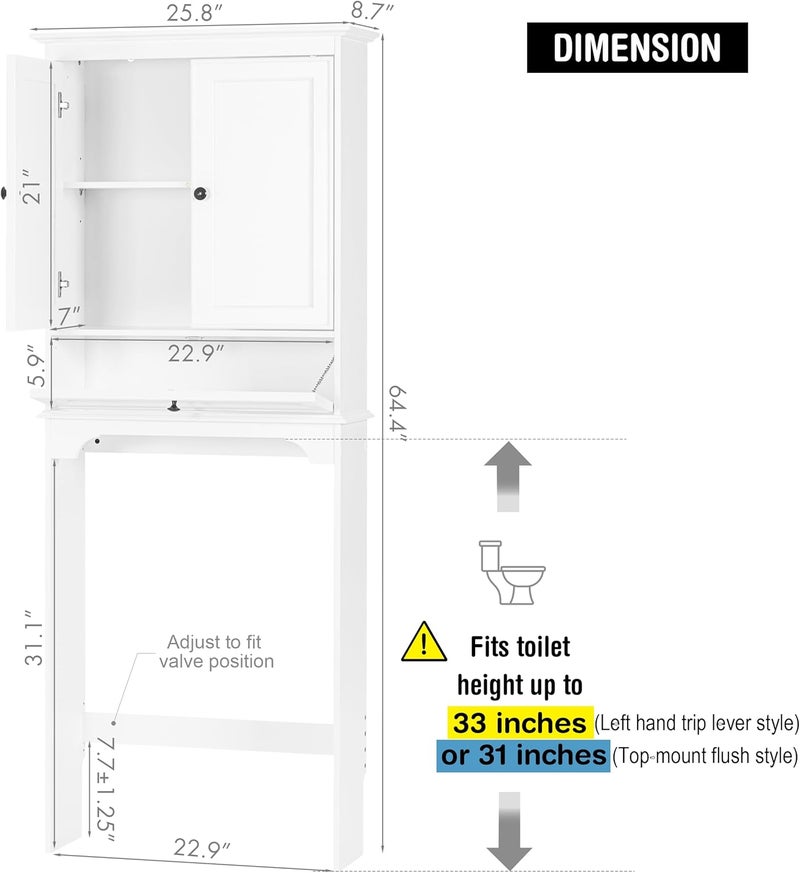 Spirich Over The Toilet Storage Cabinet, Bathroom Above Toilet Storage Cabinet with Doors and Adjustable Shelves, White - Image 2